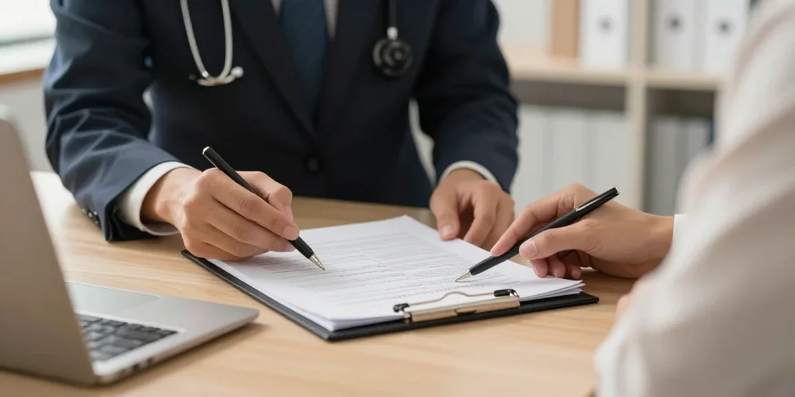 Responsable RH examinant des documents médicaux d'un salarié dans un bureau professionnel