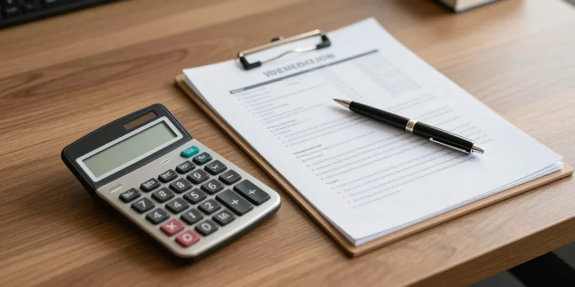 Bureau professionnel avec calculatrice, documents financiers et stylo, vue de dessus, éclairage chaleureux