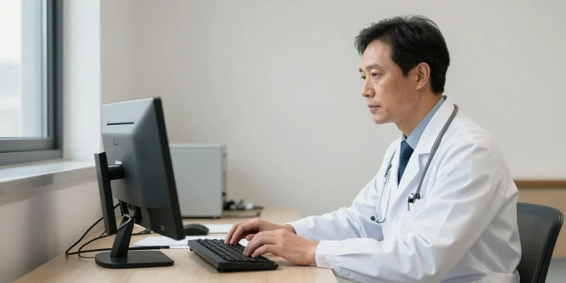 Médecin en blouse blanche à son bureau de consultation avec ordinateur, environnement clinique professionnel