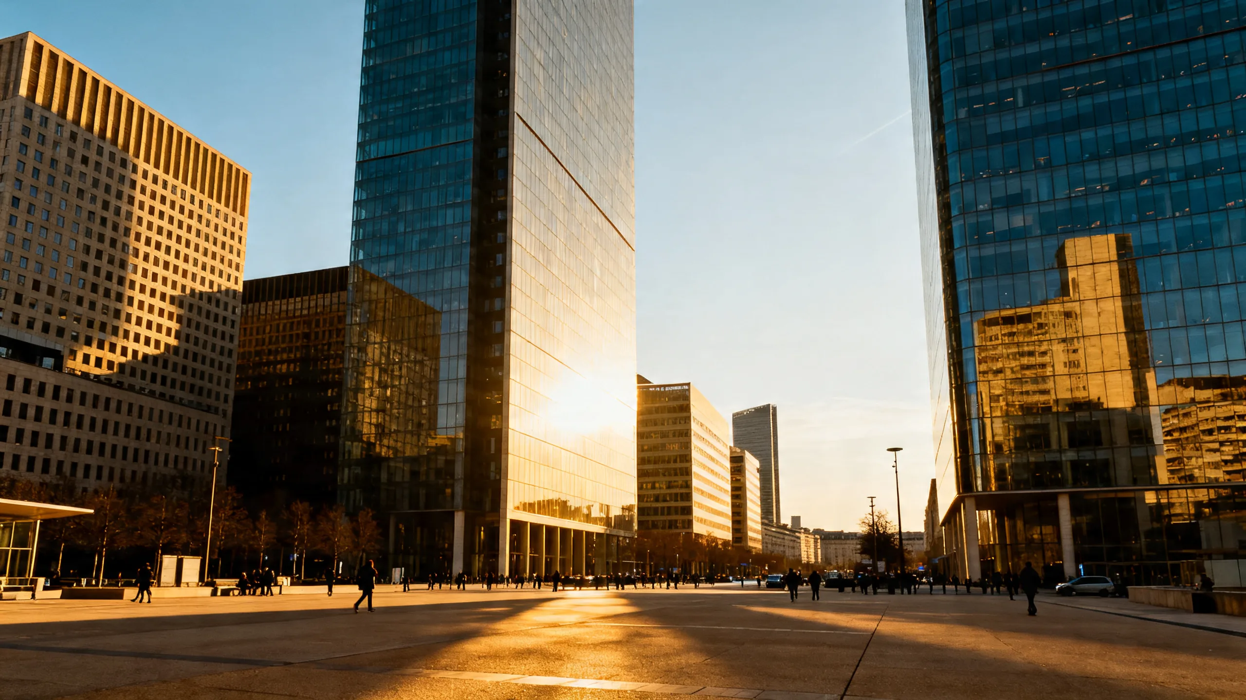 Quartier d'affaires parisien moderne avec immeubles haussmanniens, contexte professionnel français