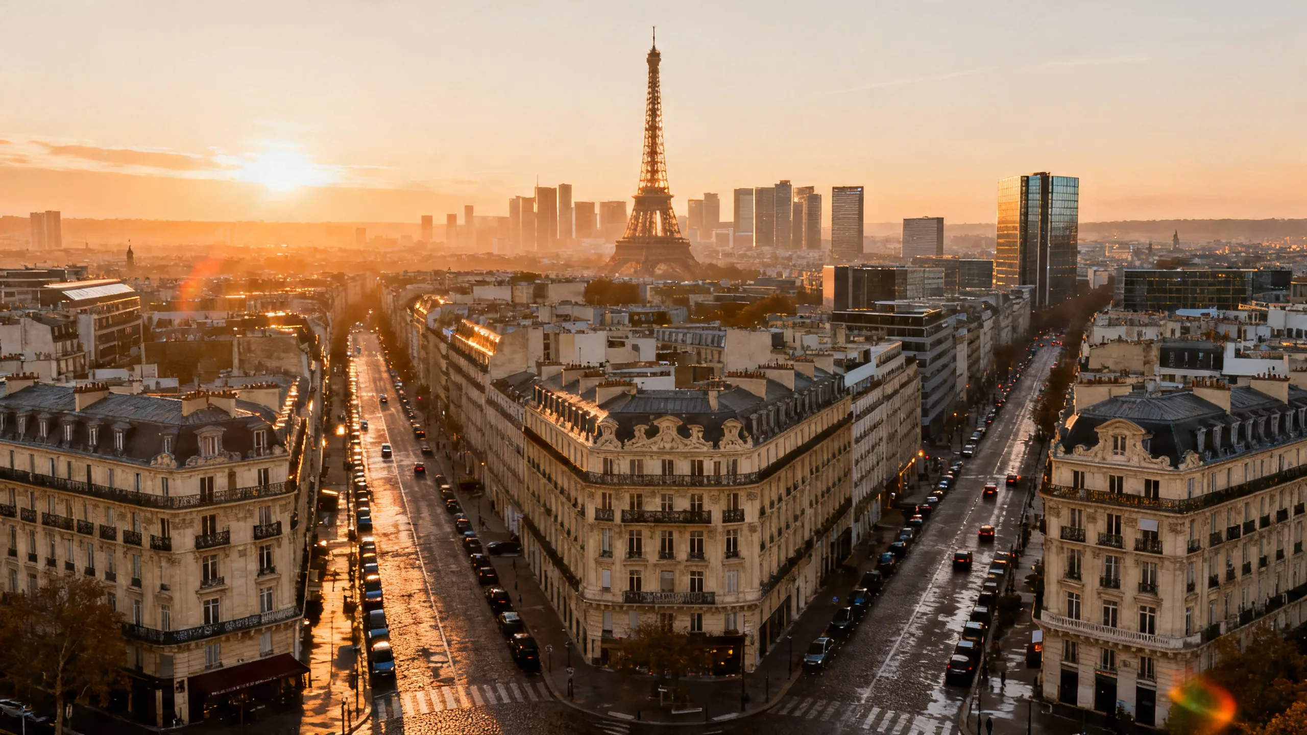 Vue aérienne de Paris avec immeubles haussmanniens et Tour Eiffel, ambiance quartier d'affaires