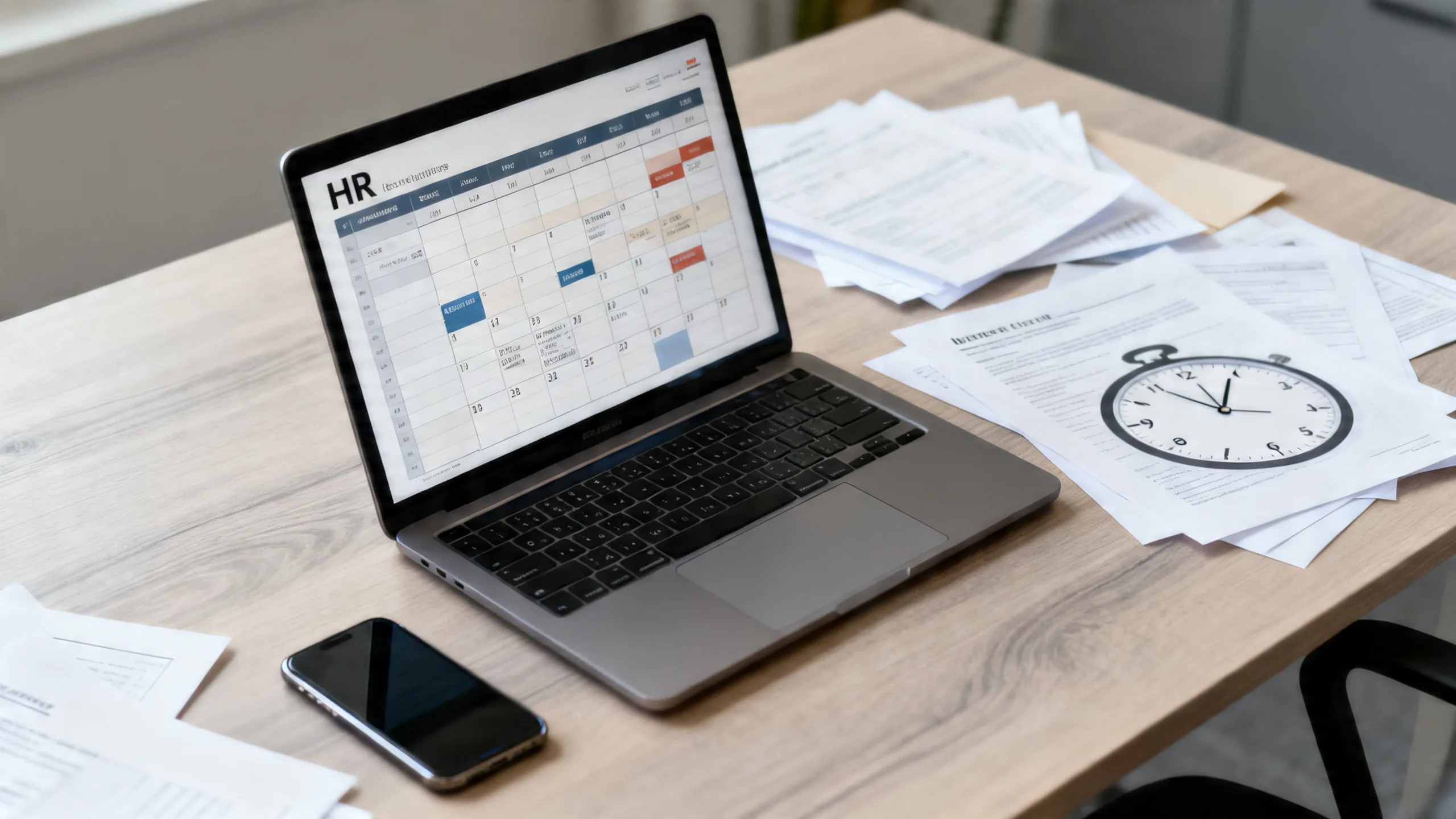 Bureau de DRH avec ordinateur portable, smartphone et documents administratifs urgents, ambiance professionnelle française