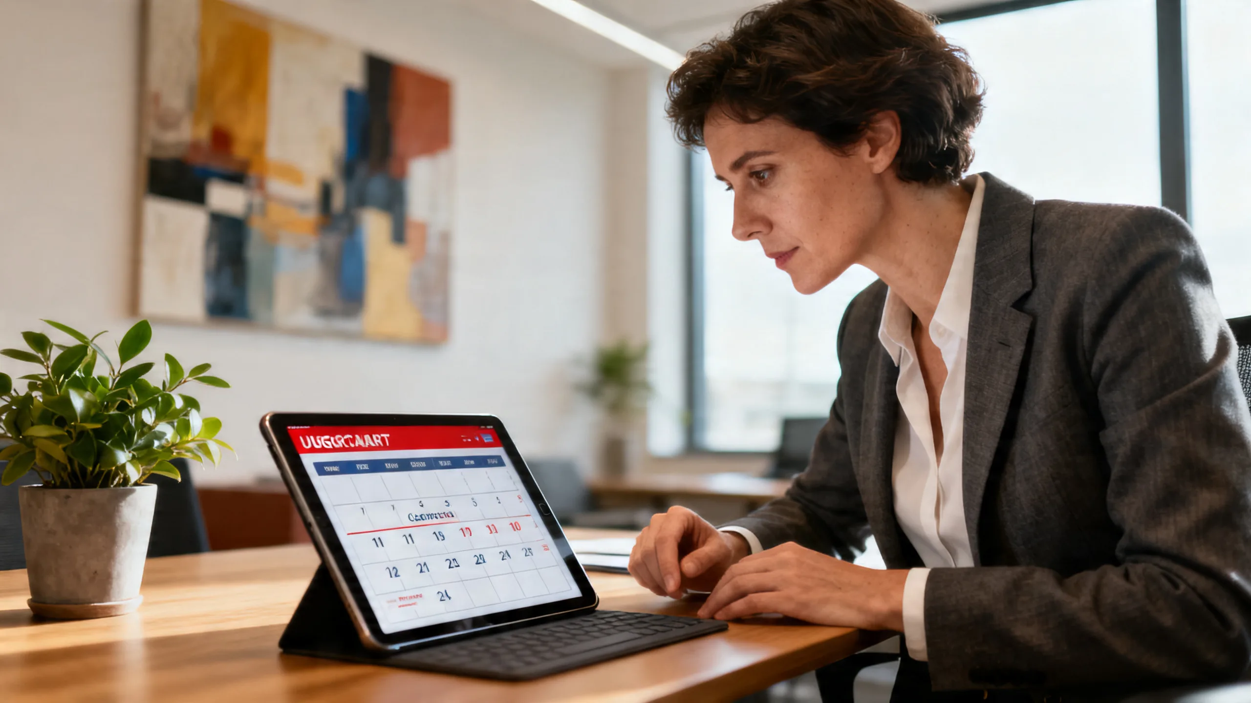 Directeur RH analysant un calendrier urgent sur tablette dans bureau moderne, contexte professionnel français