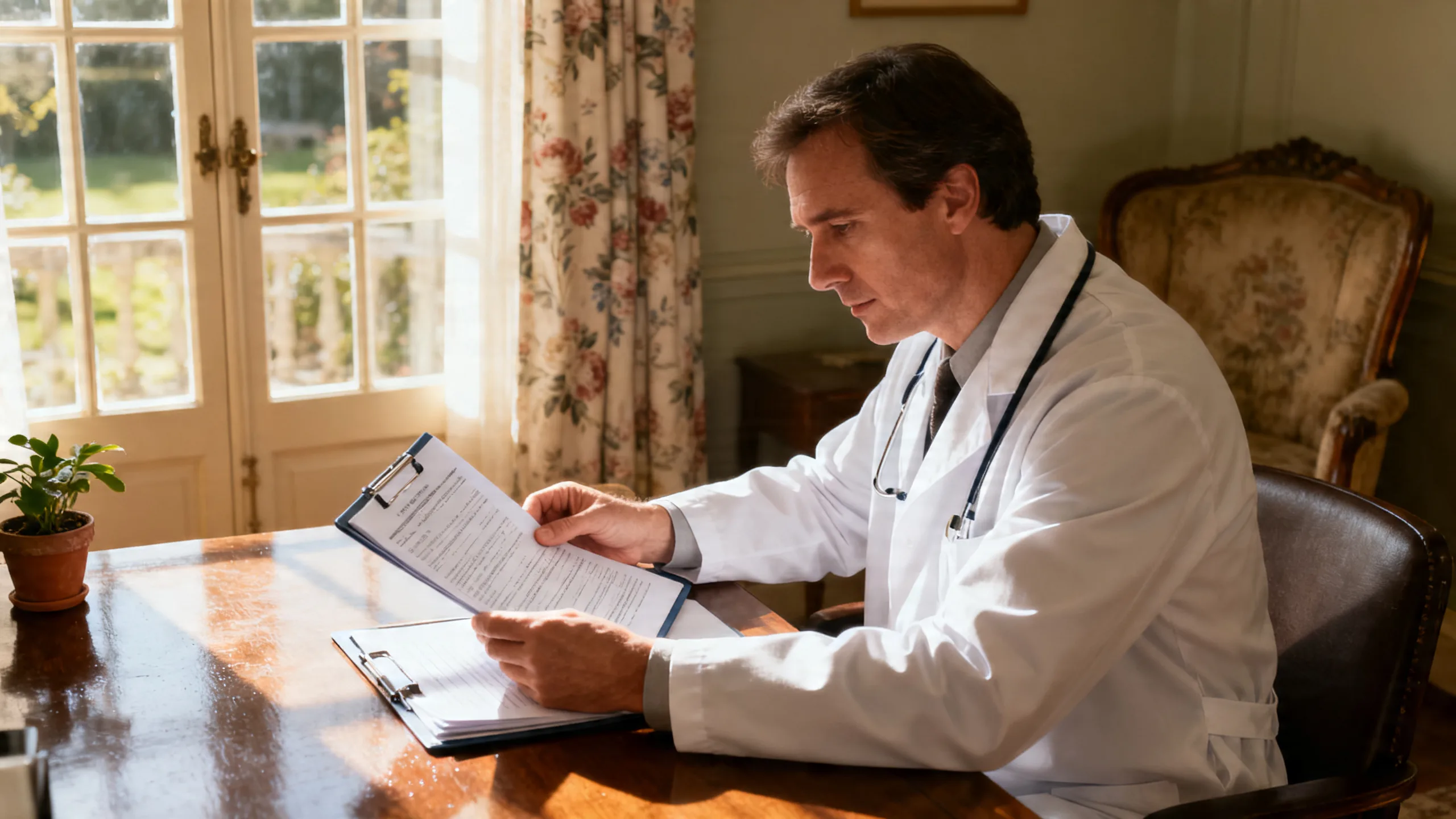 Médecin contrôleur en blouse blanche consultant un dossier médical lors d'une visite à domicile, contexte professionnel français