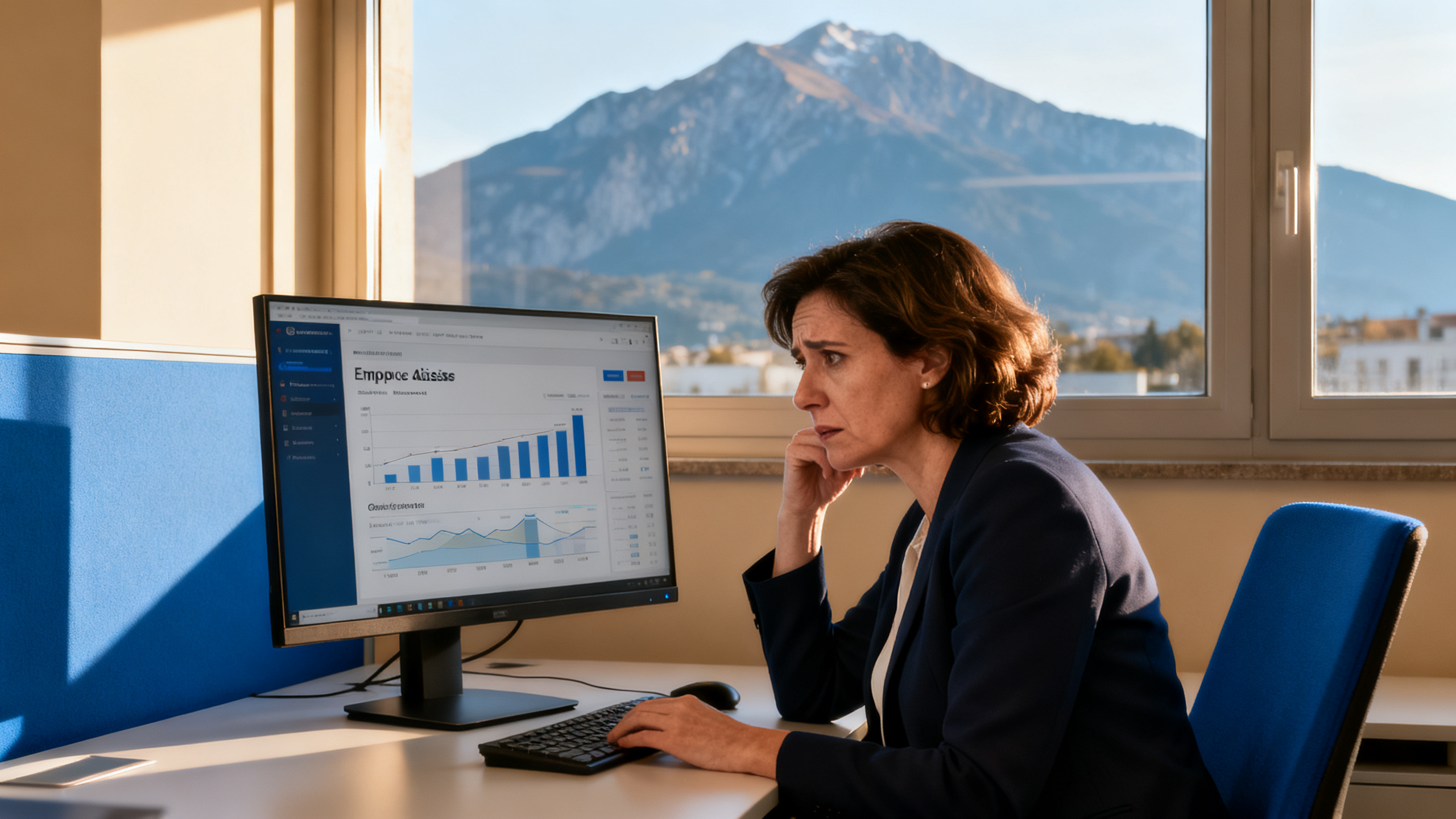 Directrice RH analysant les absences depuis son bureau grenoblois avec vue Vercors