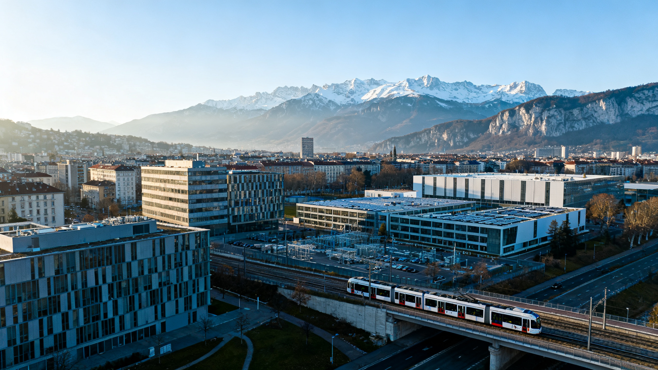 Vue panoramique Grenoble Métropole et chaîne de Belledonne, ville industrielle et tertiaire