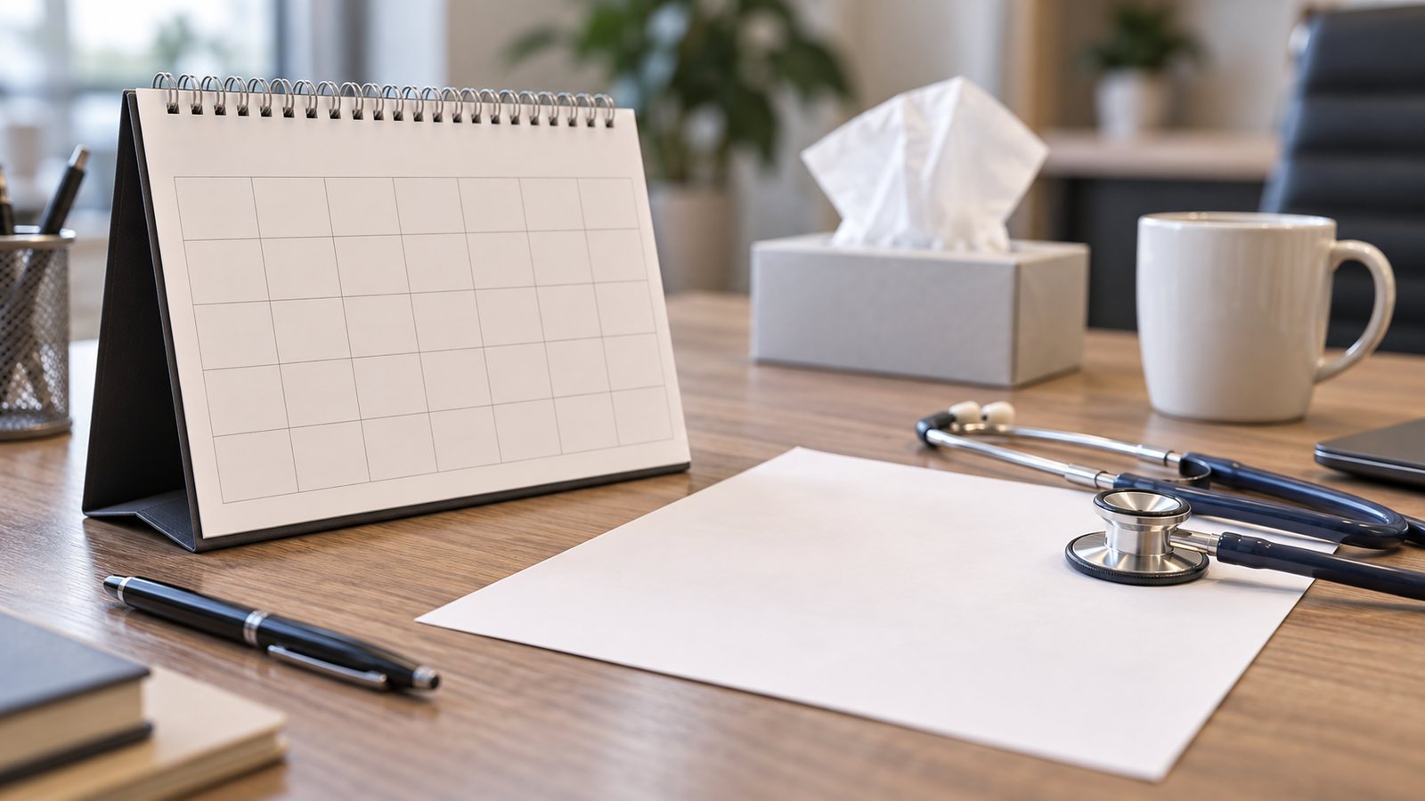 Bureau de médecin avec dossier médical, ambiance lumière naturelle sobre