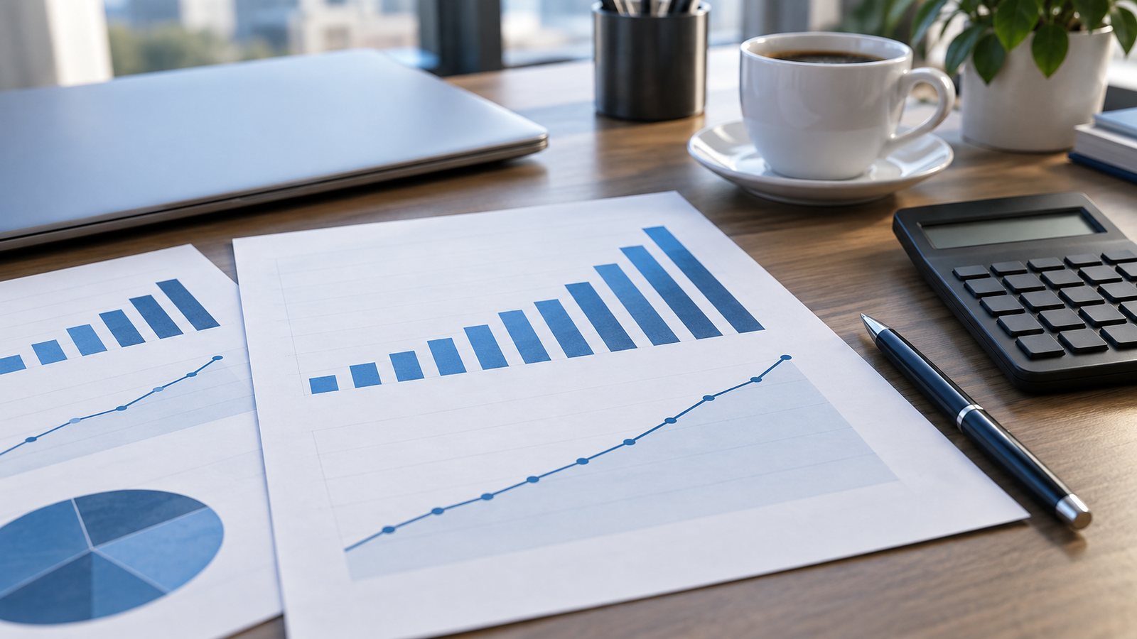 Bureau d'un responsable RH avec des graphiques imprimés et une calculatrice
