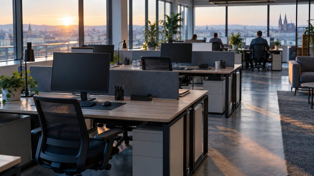 Open space de bureaux avec plusieurs postes de travail inoccupés