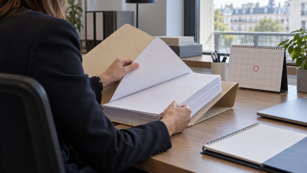 DRH vérifiant un dossier arrêt maladie longue durée avec calendrier octobre 2026