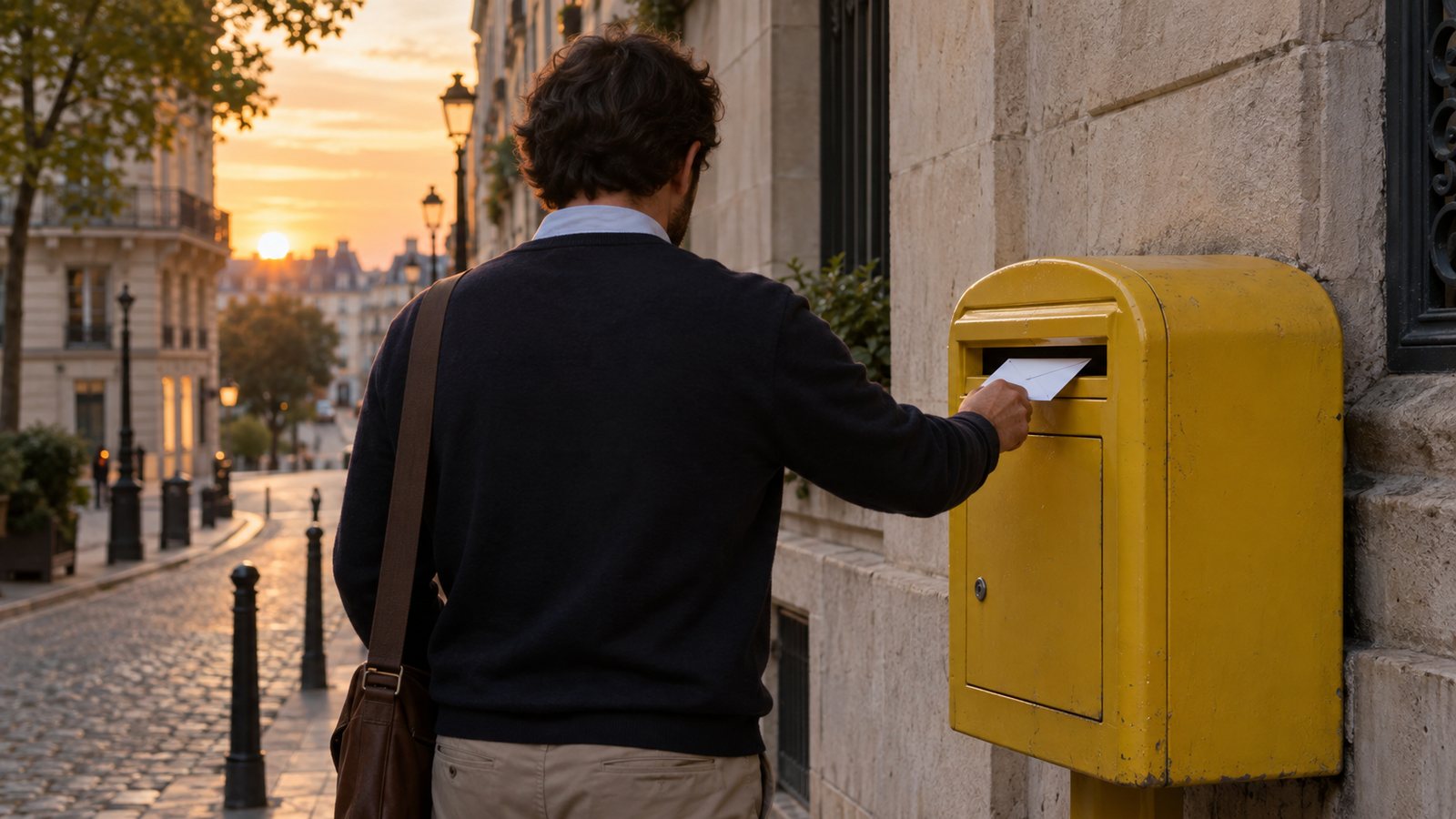 Salarié de dos déposant une enveloppe dans une boîte aux lettres