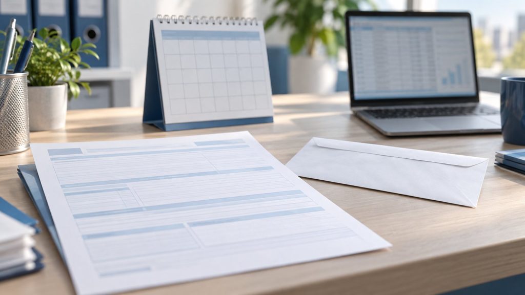 Bureau paie avec un formulaire d'arrêt de travail papier, une enveloppe et un calendrier
