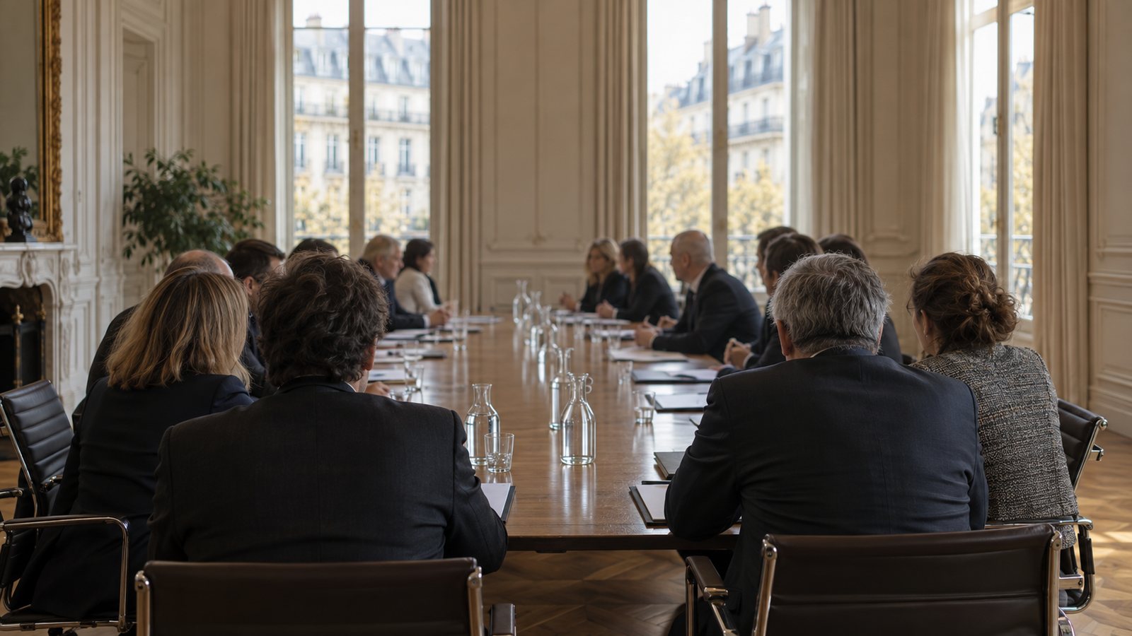 Table de négociation entre partenaires sociaux dans une salle de réunion