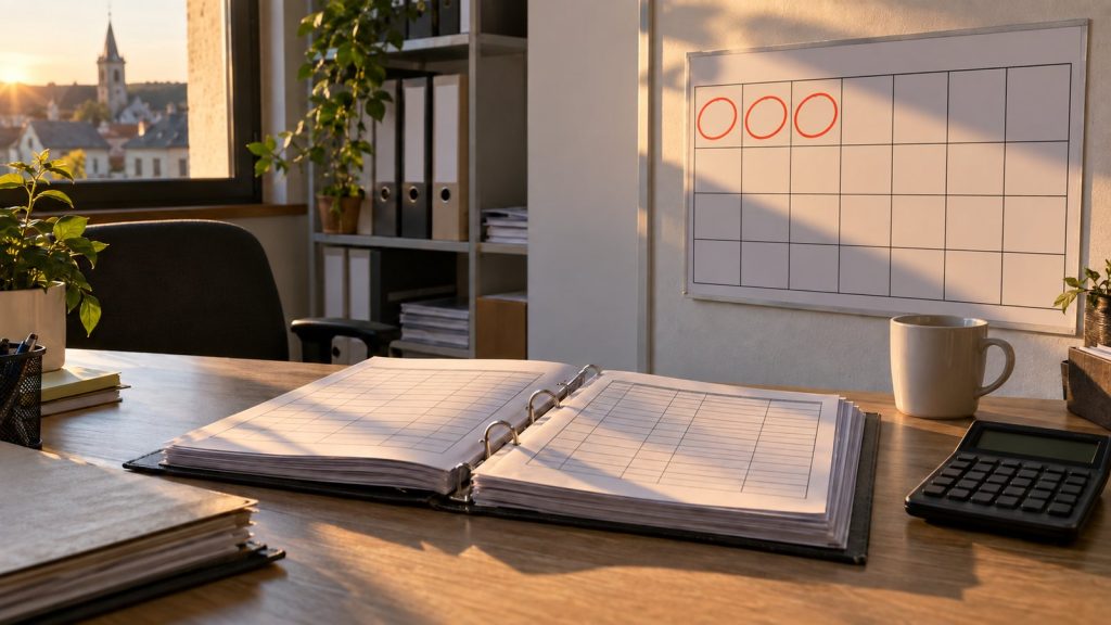 Dossier de paie ouvert et calendrier avec les trois premiers jours entourés