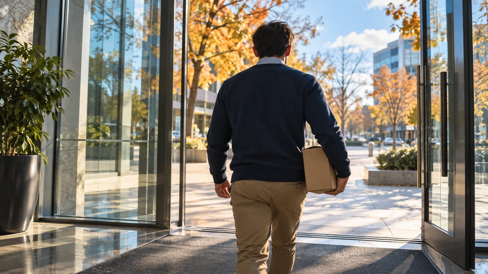 Personne vue de dos quittant un immeuble de bureaux avec un carton