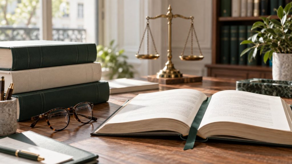 Illustration générée par IA : ouvrages de droit et balance sur un bureau.