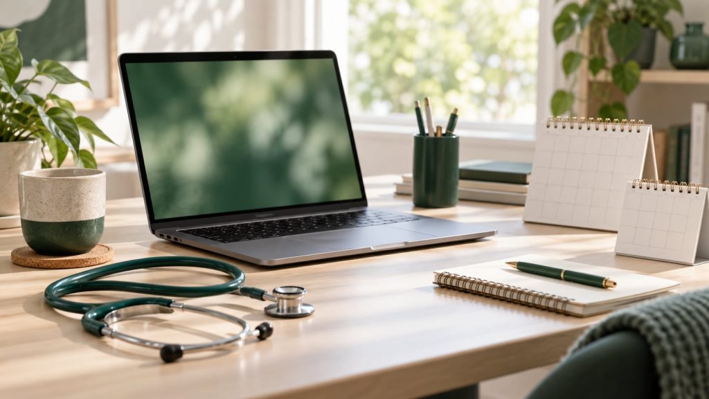 Illustration générée par IA : ordinateur, calendriers et stéthoscope pour évoquer la téléconsultation.