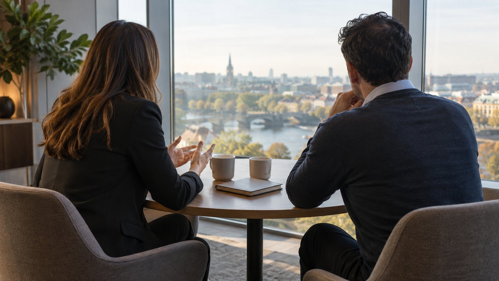 Responsable RH et manager en entretien autour d'une table près d'une fenêtre
