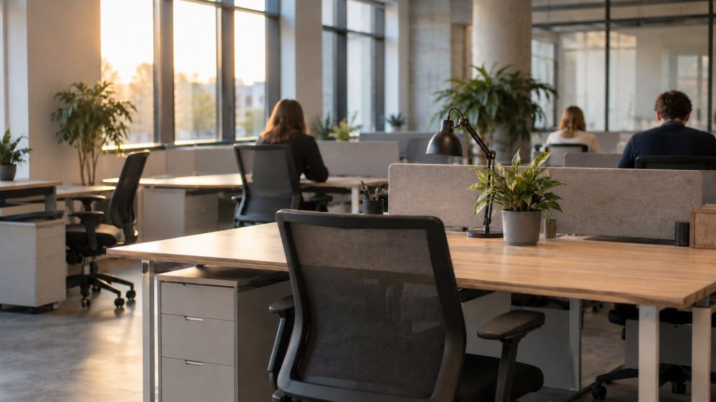 Open space d'entreprise au petit matin avec plusieurs postes inoccupés