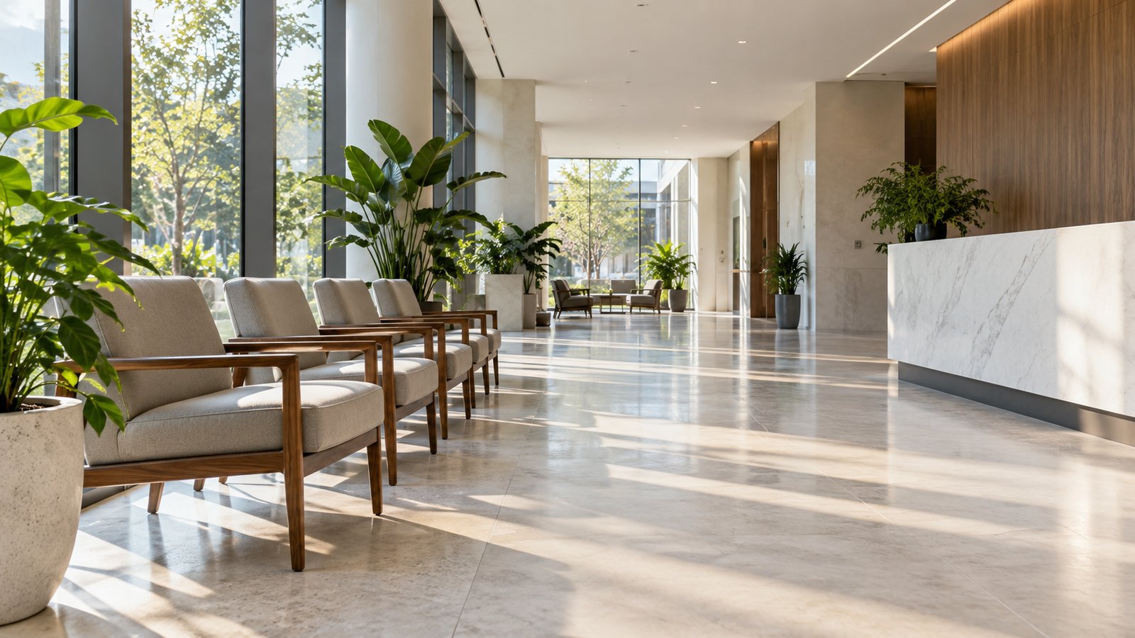 Hall d'accueil lumineux d'un bâtiment administratif avec une rangée de chaises vides