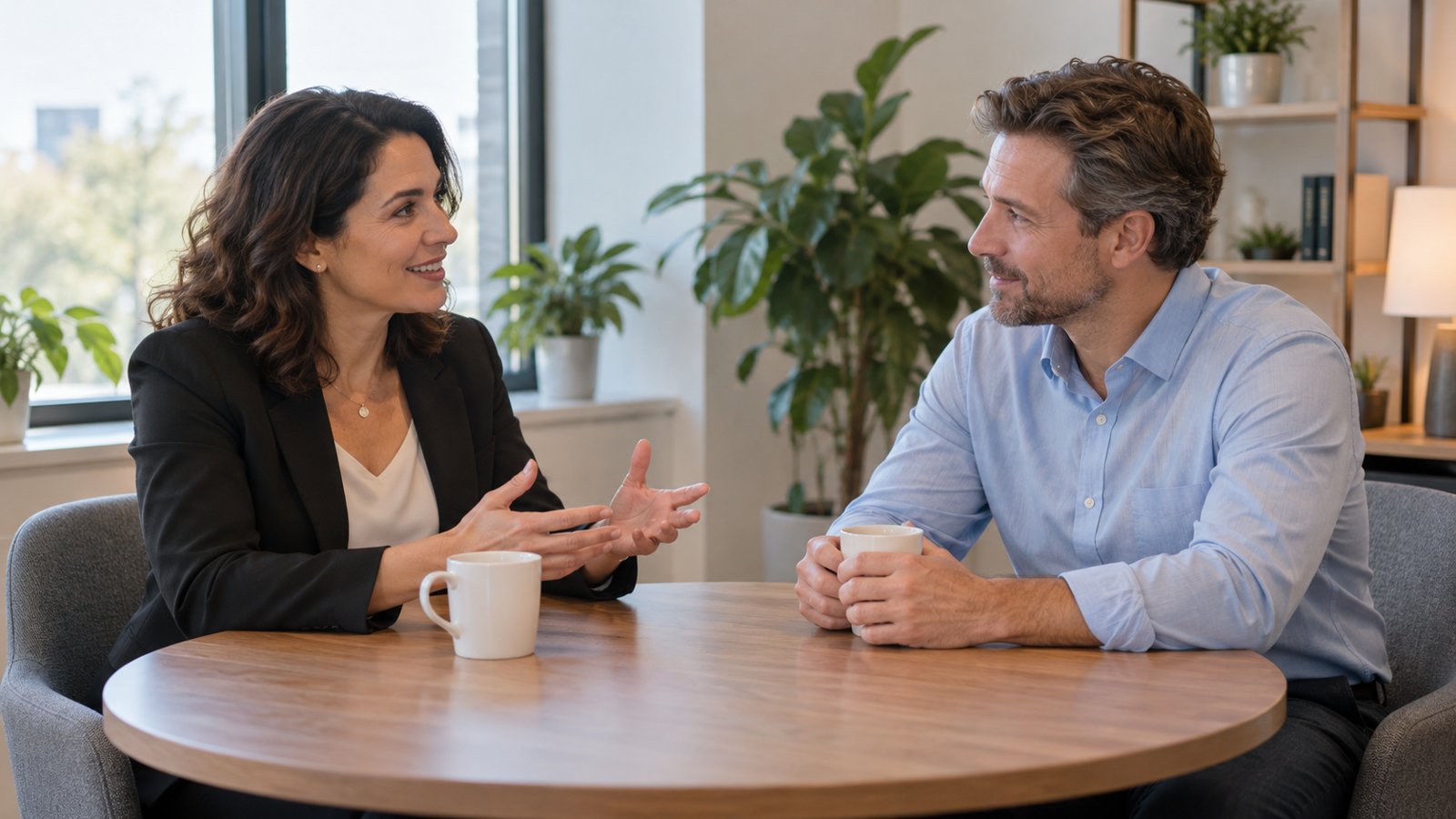 Deux responsables RH échangent autour d'une table dans un bureau de PME