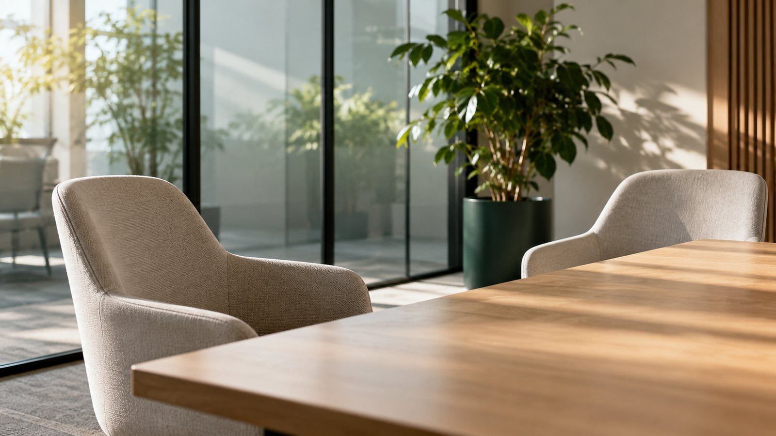 Salle de réunion vide avec deux fauteuils face à une table en bois, lumière du matin