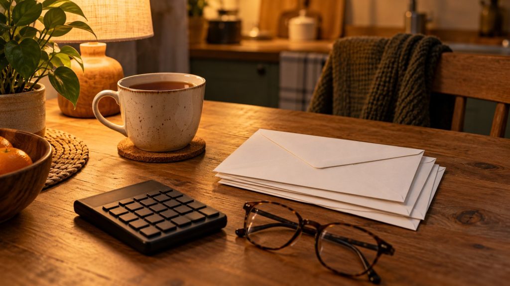 Table de cuisine le soir avec une tasse de thé, des enveloppes fermées, une calculatrice et des lunettes