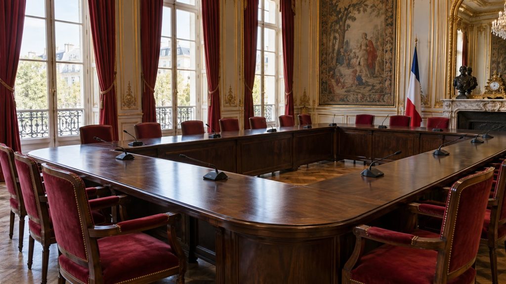 Salle de commission parlementaire vide avec table en U et fauteuils rouges