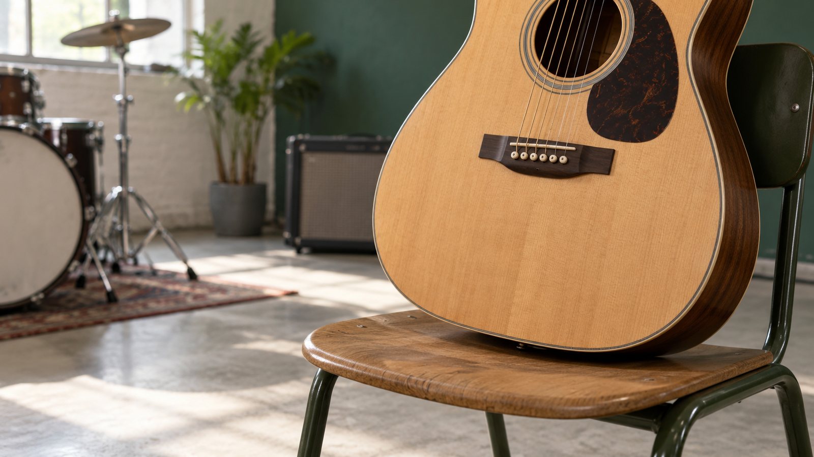 Guitare acoustique dans une salle de répétition vide