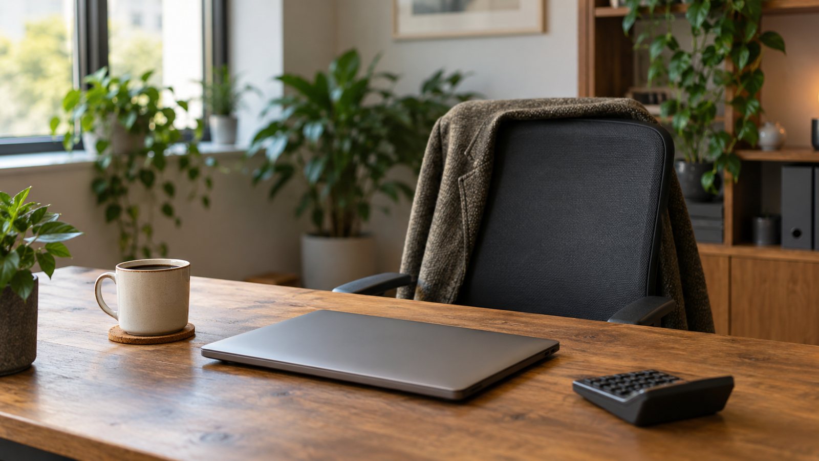 Bureau RH d'une PME avec une calculatrice et une chaise vide, symbole d'un salarié en arrêt