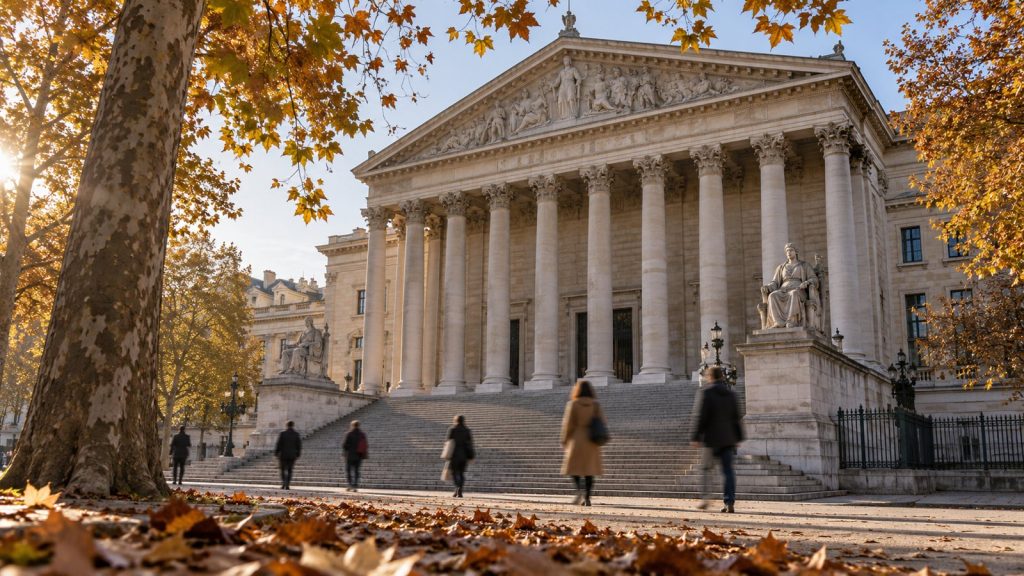 Façade d'un bâtiment parlementaire à l'automne, examen du budget de la Sécurité sociale 2027