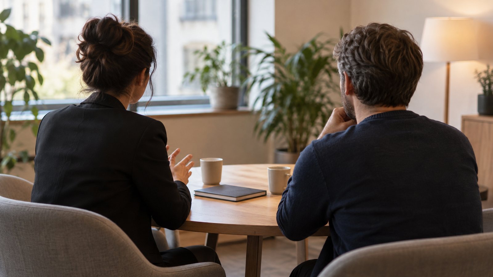 Responsable RH et salarié en entretien autour d'une petite table de réunion