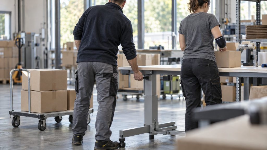 Responsable ajustant la hauteur d'un plan de travail pour une salariée portant une attelle au coude