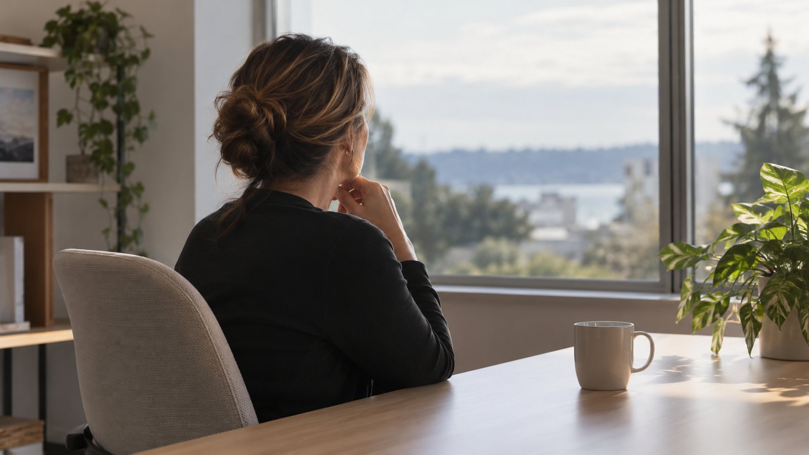Responsable des ressources humaines de dos, pensive, près de la fenêtre de son bureau