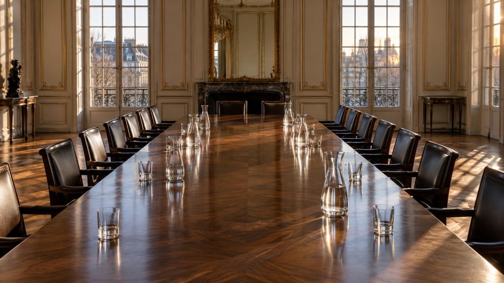 Grande table de négociation vide, chaises face à face, dans une salle officielle